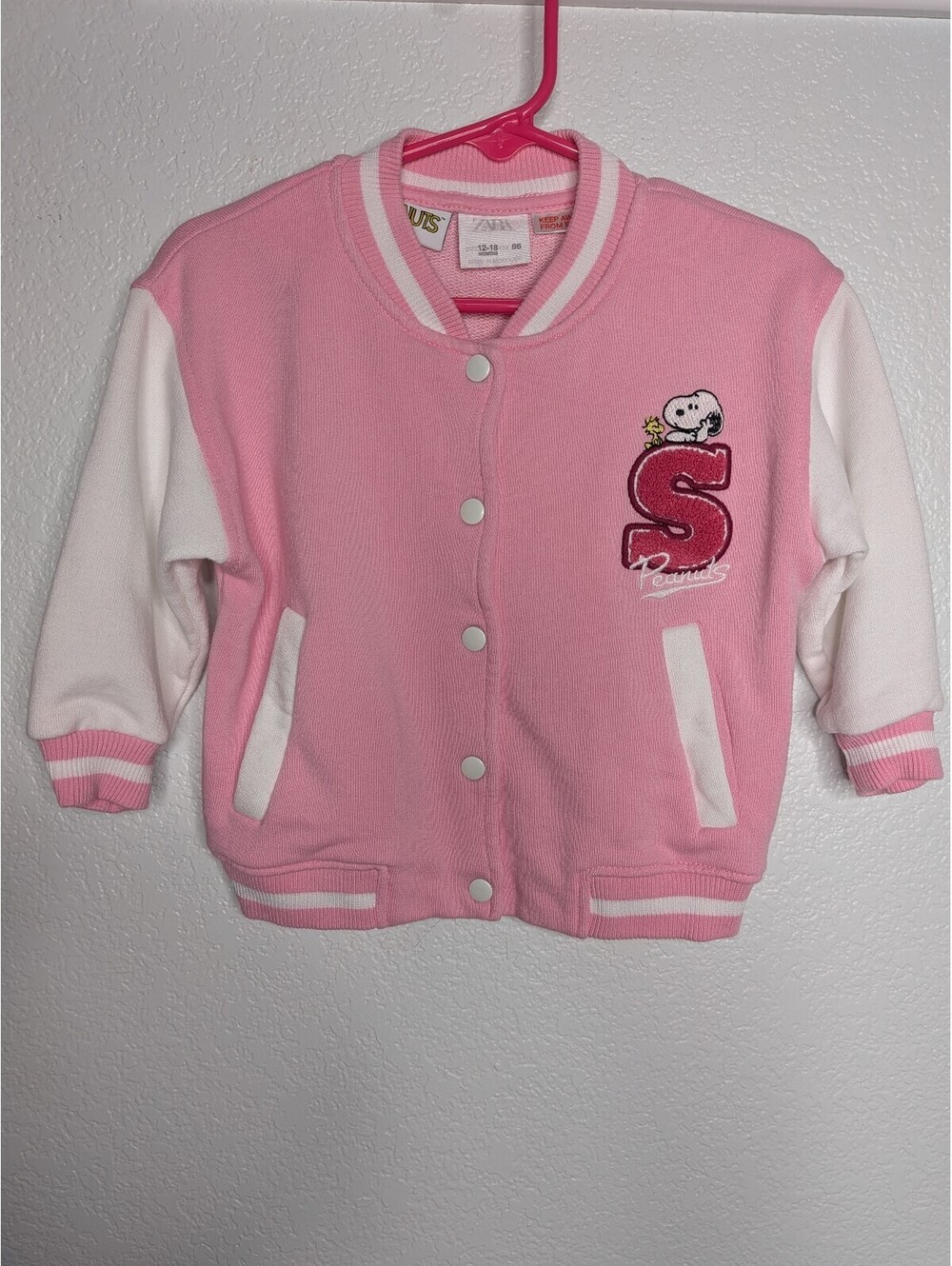 Zara Peanuts Snoopy Girls Pink Varsity Jacket Size 12-18 Months